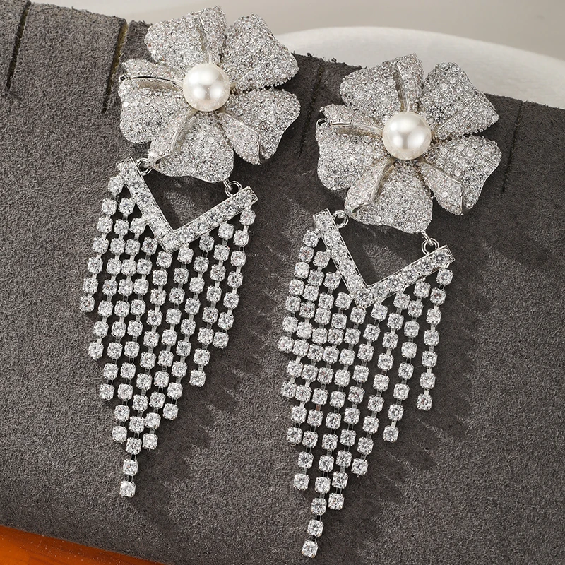 

Роскошные длинные серьги с кисточками и цветочным дизайном с кубическим цирконием, высокое качество, женские вечерние модные вечерние ювелирные изделия, подарки для свадебных невест