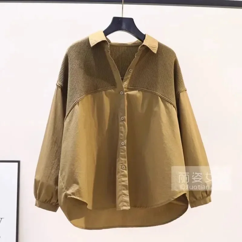 

Cotton Shirts Women's 2025Spring Autumn New Lazy Wind Knitting Stitching Jacket Loose Casual Coat Wearing Exotic Female Top Tide