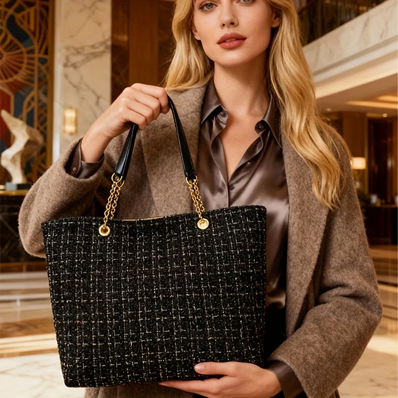 Elegante Damen-Vintage-Tweed-Tragetasche mit Karomuster, elegante Schultertasche mit großem Fassungsvermögen und goldenem Kettenakzent – Detail 1