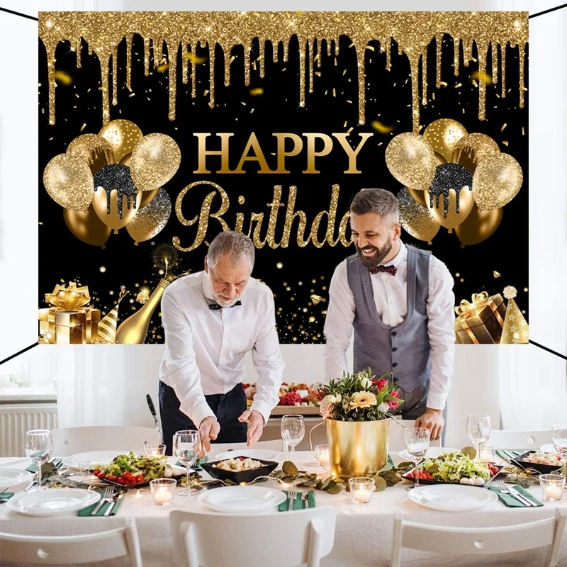 Goldglitzernder Polyester-Hintergrundstoff für Geburtstagsfeiern, Hintergrundbanner, perfekt für eine schwarze und goldene Happy-Birthday-Themenparty für Erwachsene – Detail 3