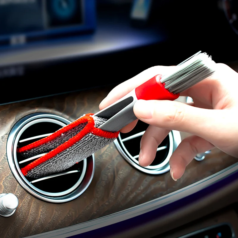 Cepillos de doble cabezal para coche, limpieza de ventilación, acondicionador, rejilla, plumero, limpiador de detalles automático, herramientas de