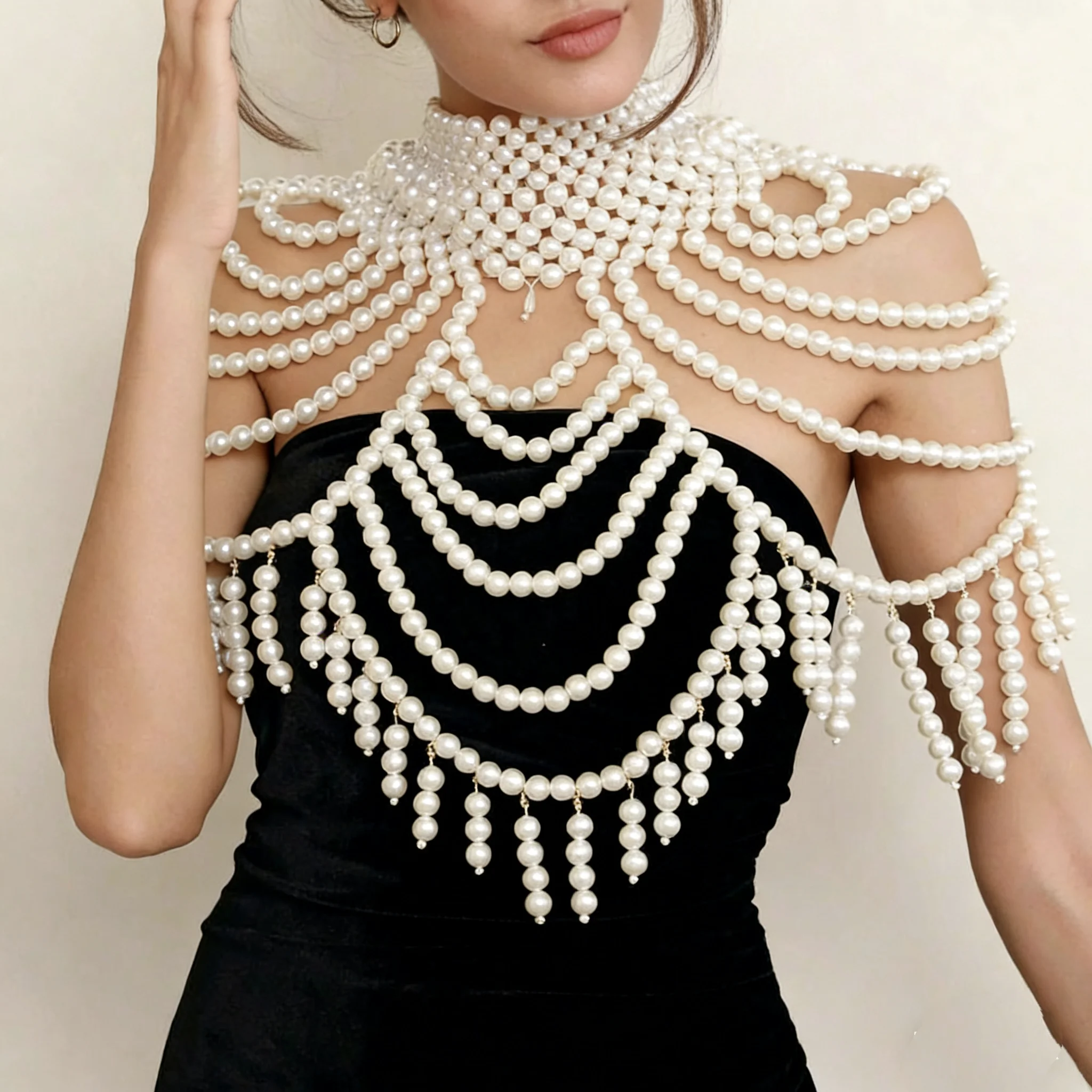 

Elegant Multi-Layered Fake Pearl Necklace for Ladies with Heavy-Woven Body Chain Shoulder Wrap Bohemian Jewelry Accessory