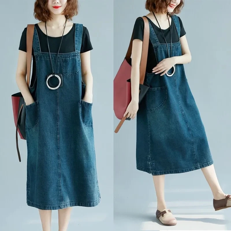 

2022 Spring Summer New Women's Dress Fashion Loose Casual Suspender Denim dresses Mid-Length Thin Strap dress Female All-Match