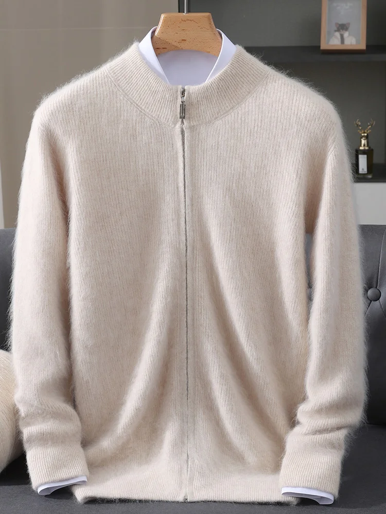 

TLOML Men's 100% Mink Cashmere Sweater Mock Neck Zipper Soild Cardigan Spring Autumn Winter Soft Warm Sweater Casual Comfy Tops