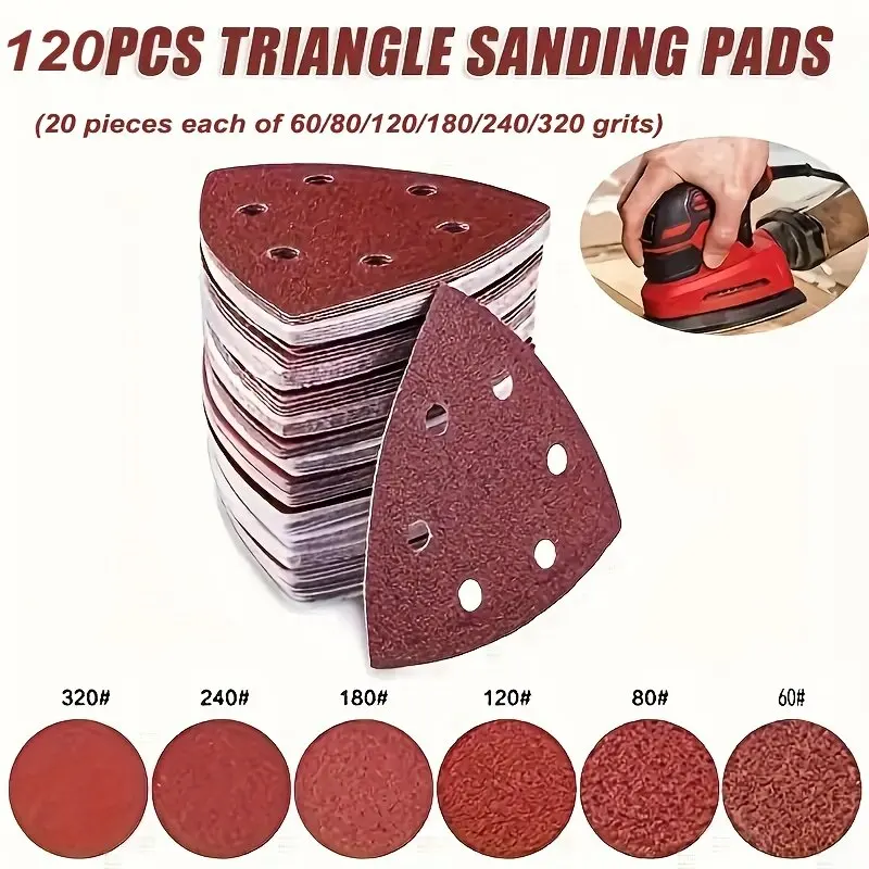 120-teiliges Dreieckiges Schleifpapier-Set für Detail-Schleifer, 6-Loch-Design für Holz- und Metallpolitur, Körnung 60-320