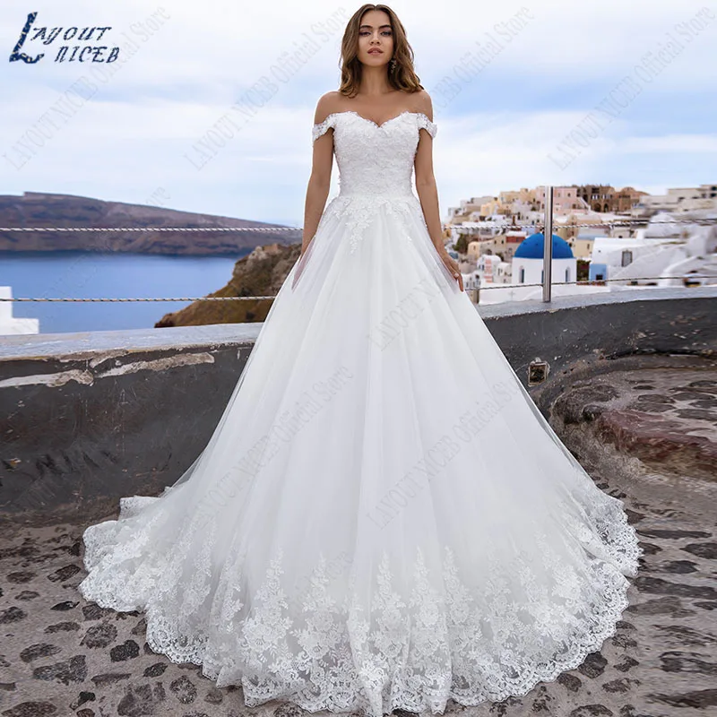 Cách Bố Trí NICEB Người Yêu Áo Cưới Appliques Một Dòng Áo Cưới Lệch Vai Phối Ren Vestidos De Noiva Mariage Công Chúa