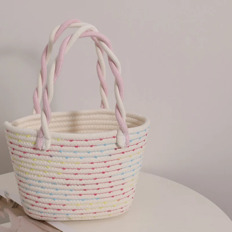 1PC Pink Tie Twisted Tote Cotton Thread Woven Bag Small Fresh Handbag Outdoor Holiday Picnic Basket