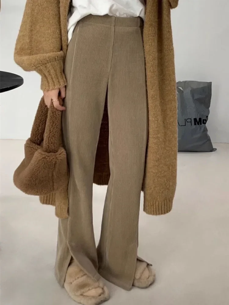

High Waist Corduroy Flared Pants Women's Spring Autumn Fashion Design Split Casual Trousers Korean Sle Commute Pants