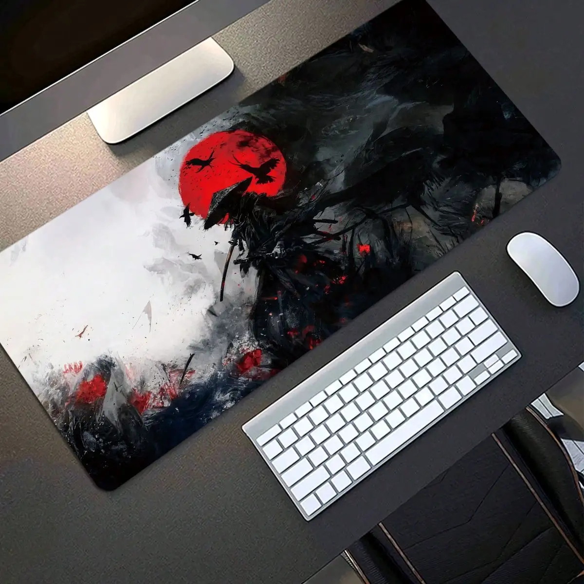1pc Extended Gaming Mouse Pad And PC Desktop Keyboard Mat - Red Sun, Flying Bird, Samurai Drawing Sword Pattern - Laptop Protective Mat, Study Desk Mat - Durable Non-Slip Base, HD Printing, Multiple Sizes Available (XL, XXL) - Suitable For Home
