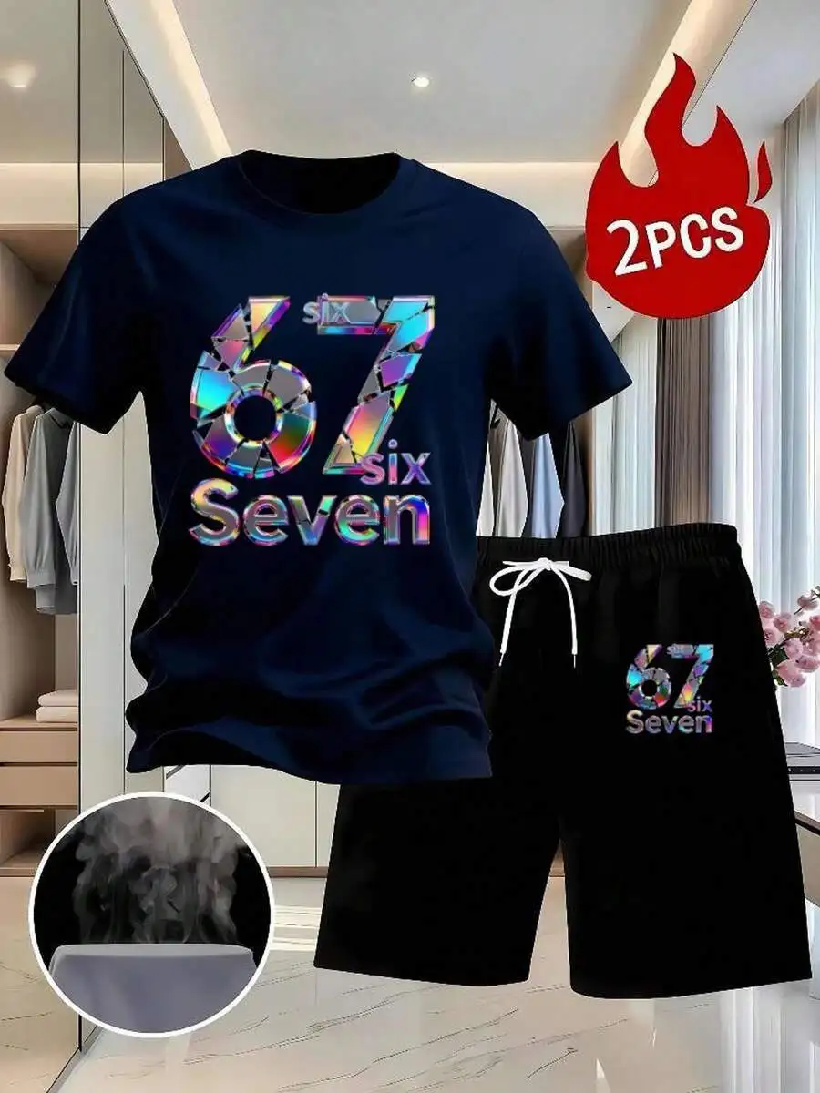 

Mens 2-Piece Set Loose Casual Short Sleeve T-Shirt And Shorts With Holographic Print