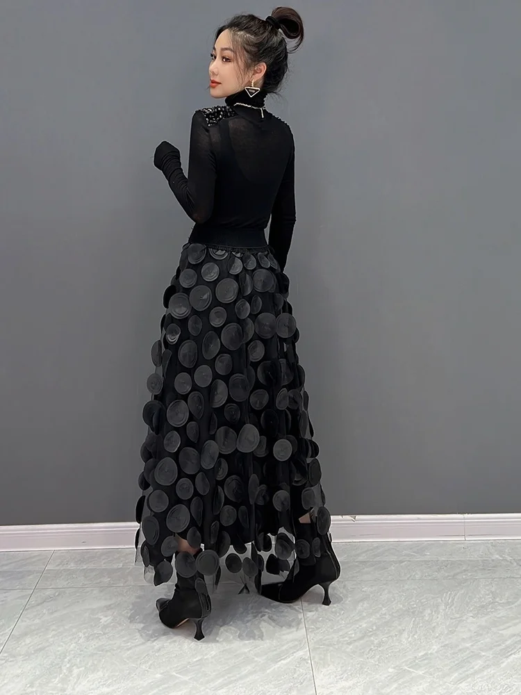 Black Women Elastic Waist Skirt Loose Wild Mesh Splicing Round Polka Dots Printing Leisure Skirt 2024 Spring Summer LHX2411