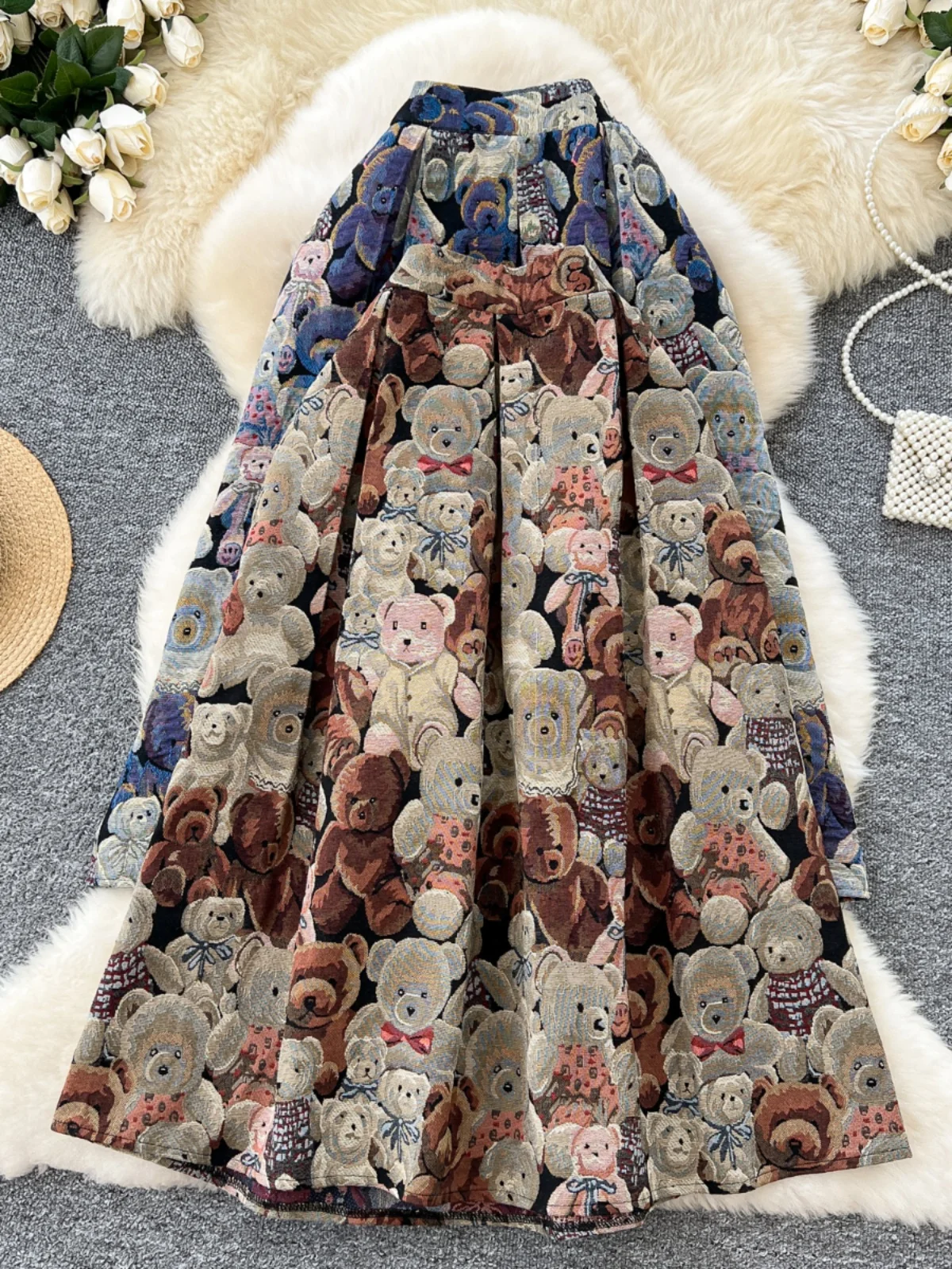 Retro Heavy Work Bear Embroidery High Waist  Skirt Women's A-Line Pleated Slimming Umbrella Skirt Korean Sle Commute