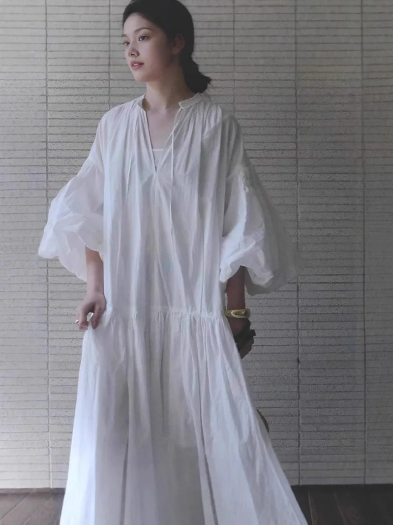 Tannt femmes robe lanterne manches col en v mode chemise décontractée robes pour femmes bleu blanc Vintage robes longues amples 2025 nouveau