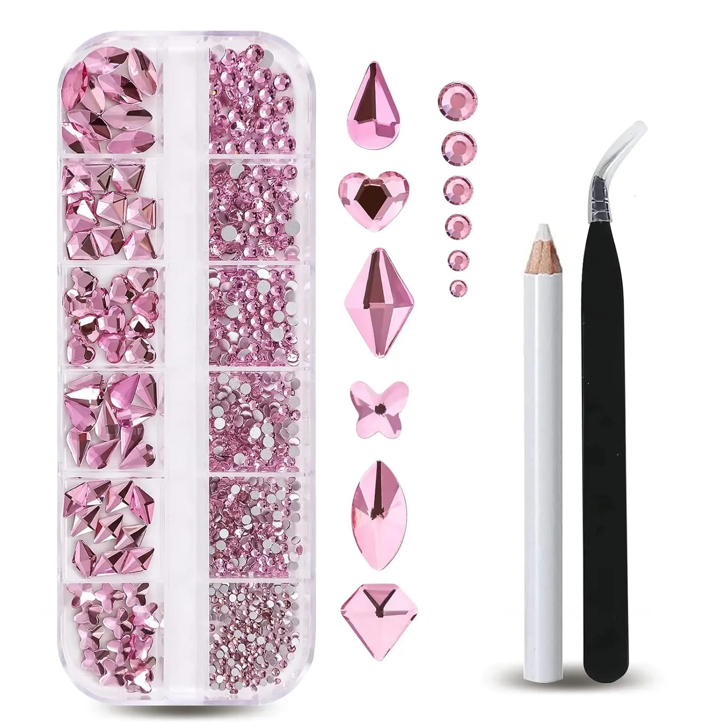 12Grids 3D Pink Mixed Nail Art Rhinestones(with Tools) Glitter Flatback Glass Diamond Gem Nails Charms DIY Manicure Decorations