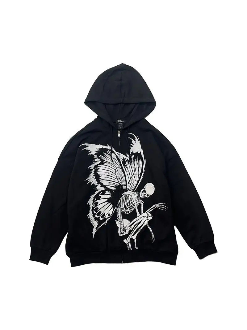 Sweat à capuche surdimensionné avec fermeture éclair, Street Sle Skeleton Fairy, coupe ample, mélange de coton et de Polyester, Long Sve, décontracté