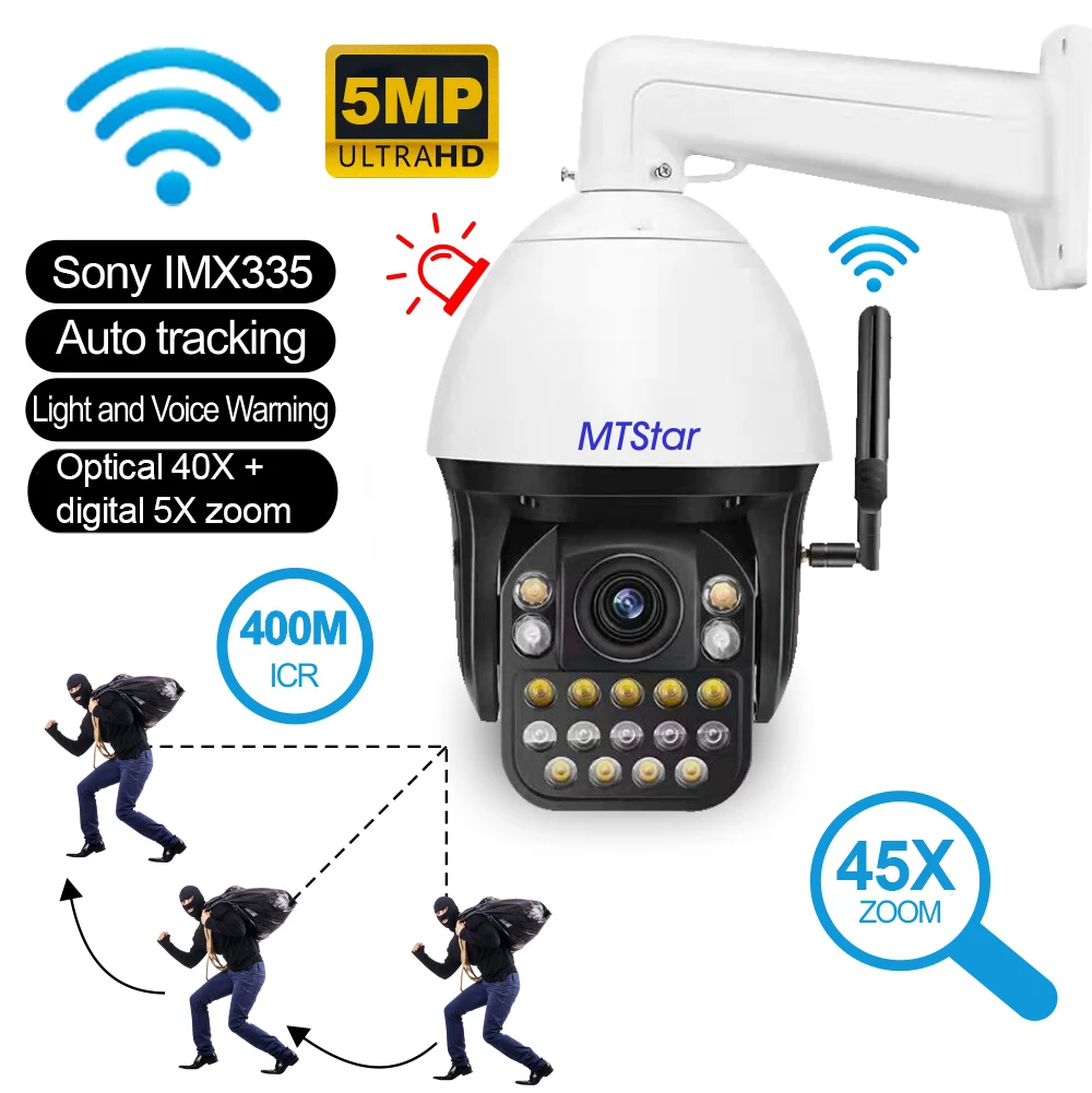 Cámara de seguridad Solar con Zoom 45x, 5MP, WIFI, protección PTZ, seguimiento automático a todo Color, IR nocturno, 400m de Audio, 40X óptico + 5X Digital