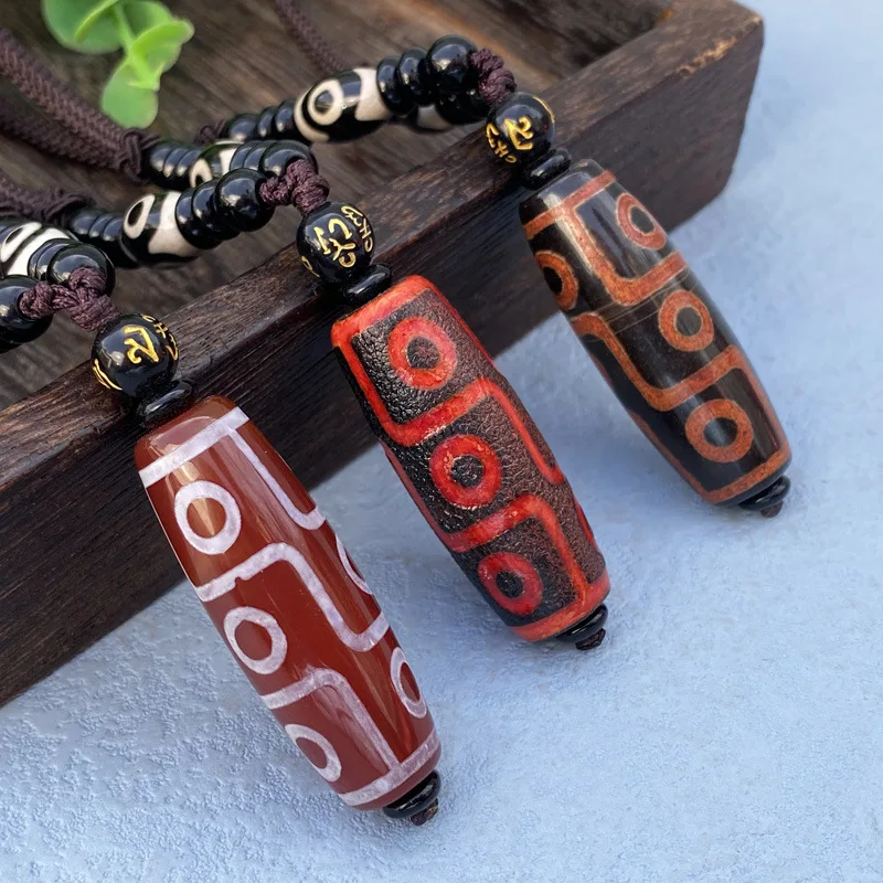 Nine-Eye Dzi Bead Agate Pendant Necklace with Six-Syllable Mantra, Unisex Style