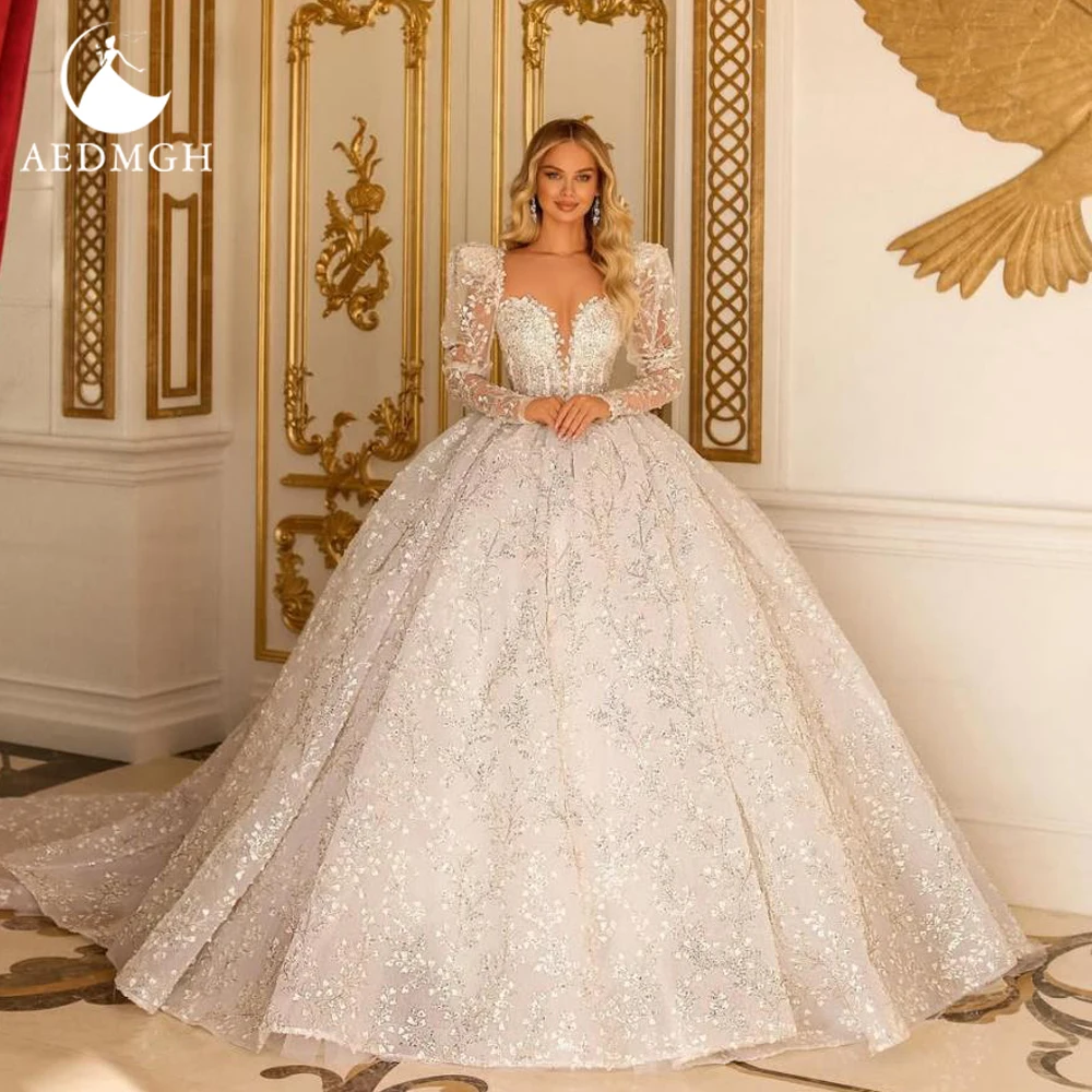 

Aedmgh Ball Gown Royal Wedding Dresses Scallopped Long Sleeve Vestido De Novia Bead Embroidery Exquisite Custom Made Bridal Gown