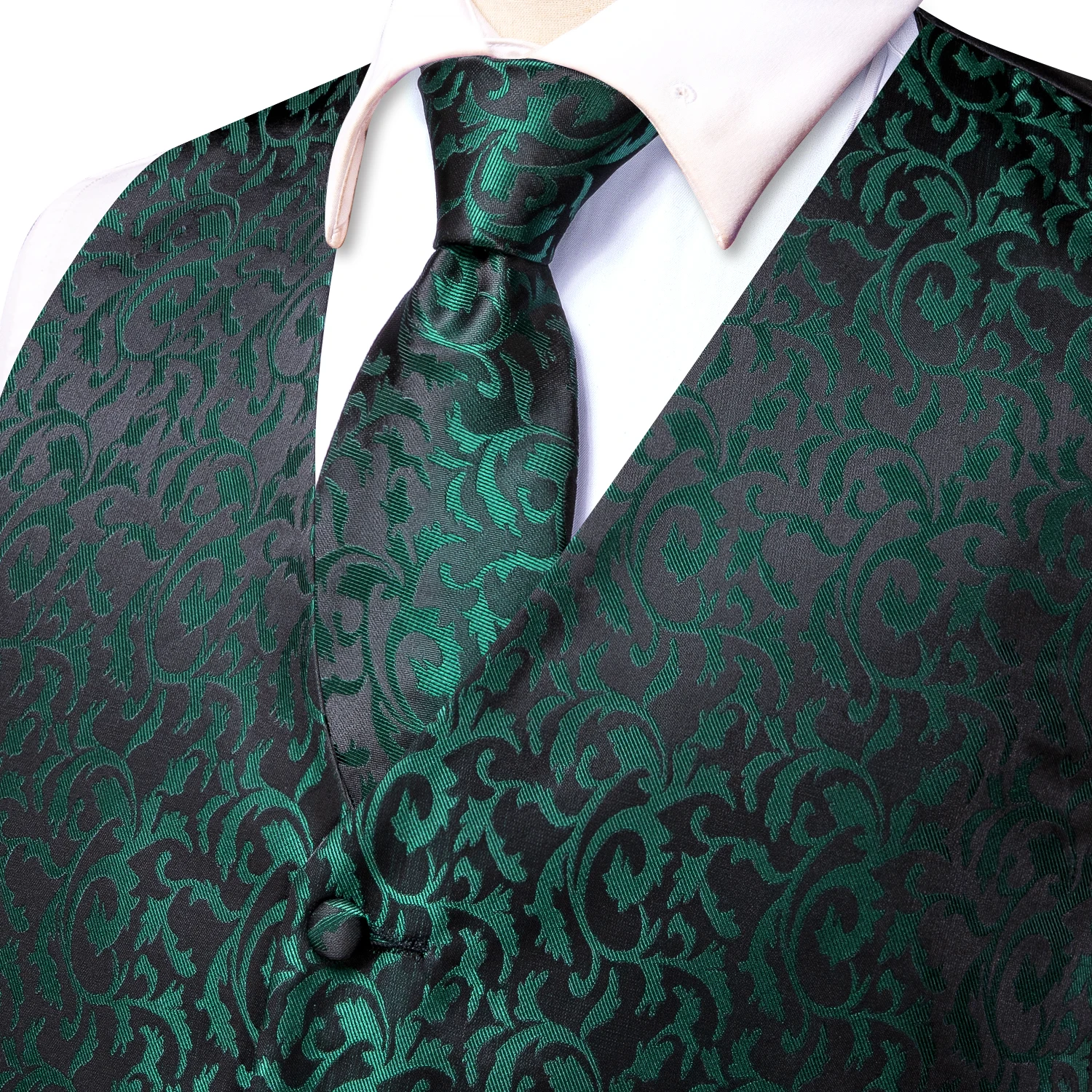 Hi-Tie Men's Silk Vests Fashion Dark Green Floral Jacquard Handkerchief Cufflinks Necktie Sleeveless Wistcoat Sets Wedding Party