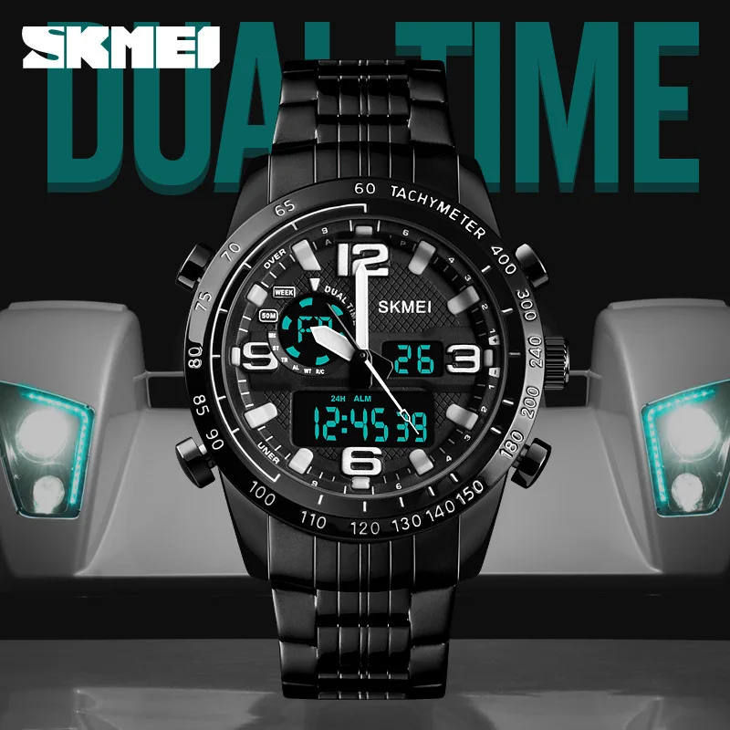 Skmei модные деловые мужские многофункциональные часы с стальным ремешком электронные часы