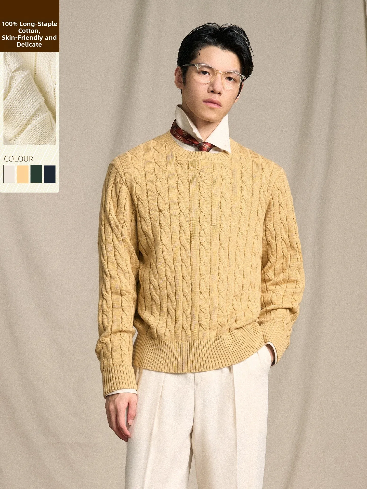 

CULTUM Men's Vintage Ivy Style round Neck Knitted Sweater Casual Long Sleeve Pure Cotton Soft Comfortable Breathable Knitwear