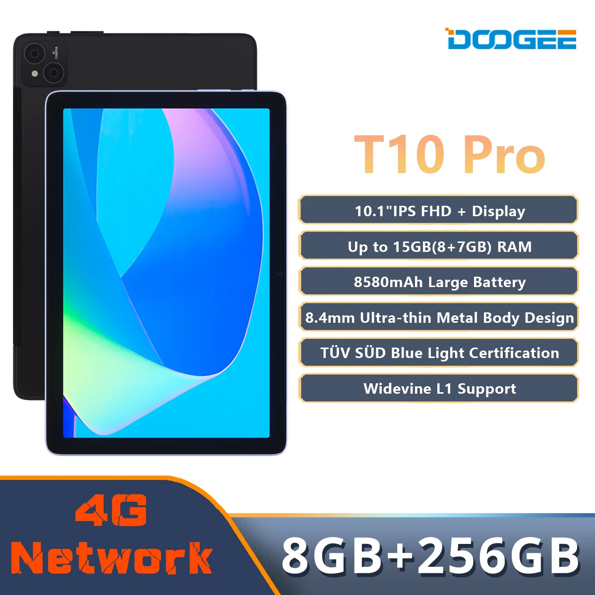 DOOGEE T10 Pro Tablet 8GB+256GB 10.1 FHD Display TÜV SÜD Certified 8580mAh 8.4mm Metal Body 13MP Main Camera Support Widevine L1