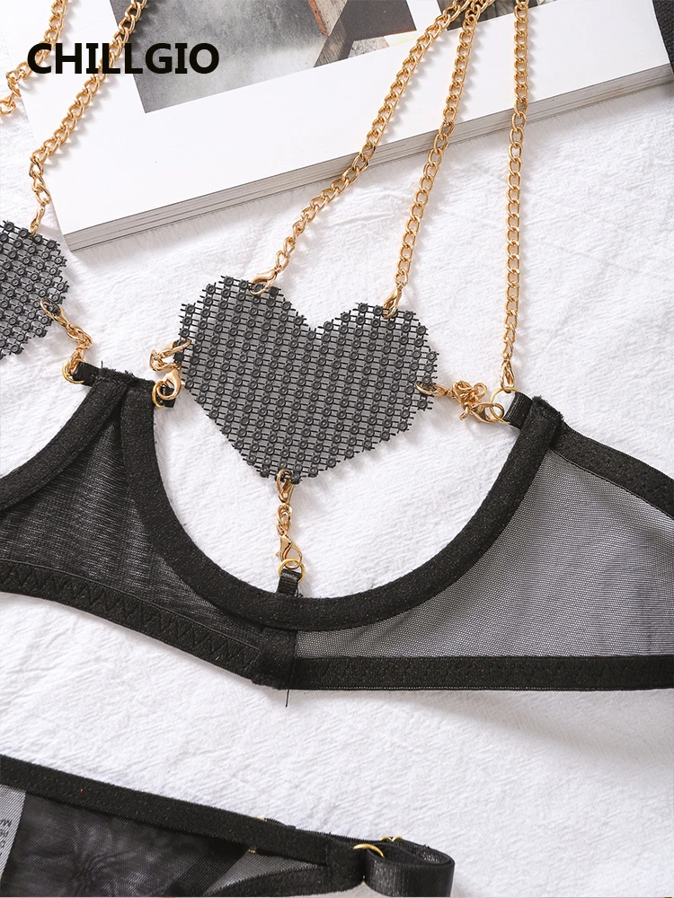 CHILLGIO Women Love Metal Chain Bra Brief Suit See Through Bra Chic Hollow Erotic lingerie Push Up Underwire Underwear Panty Set image 5