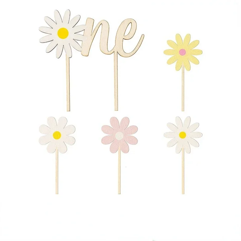 

5pcs/Pack INS Kids Little Daisy Birthday Cake Toppers Baby Shower Flower Wooden Cake Sticker Sunflower Cake Decorations