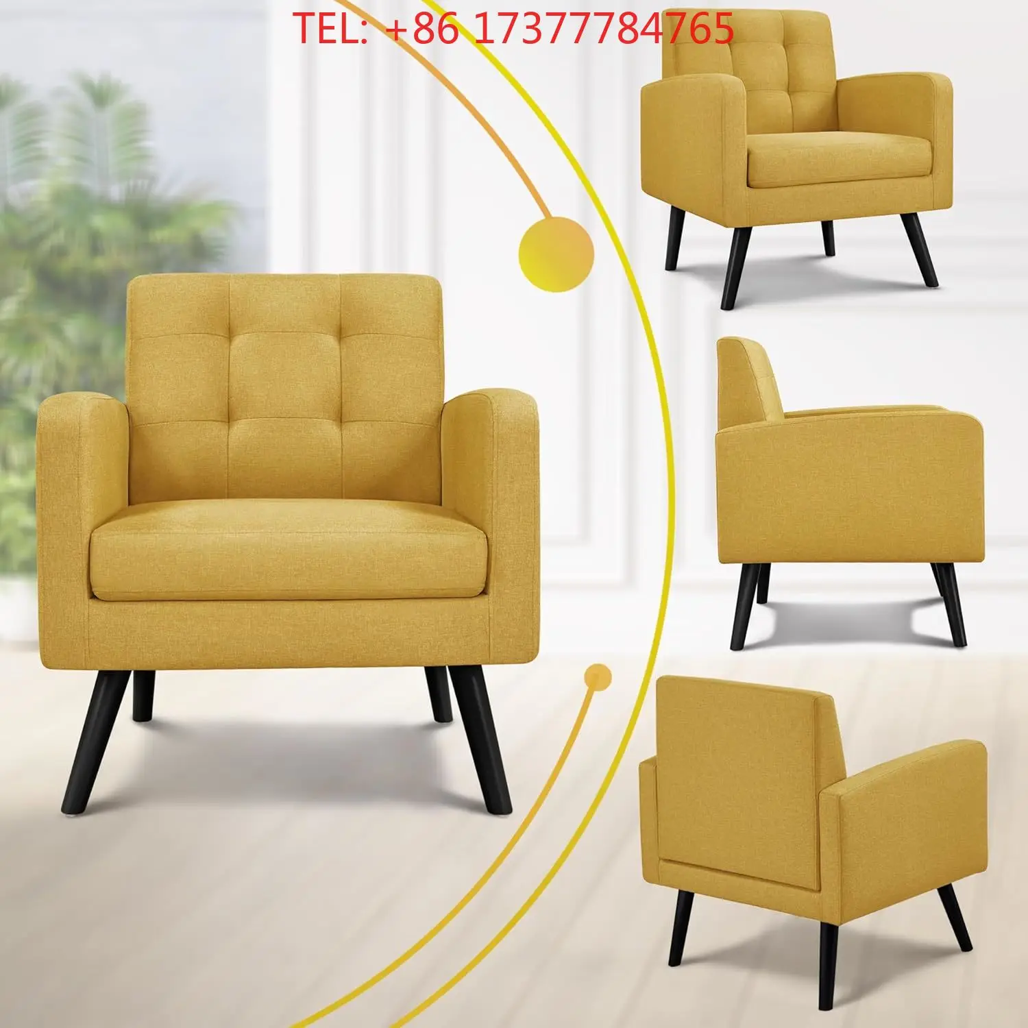Set of 2 Yellow Button Tufted Back Upholstered Accent Chairs with Wood Legs for Bedroom Office Cafe