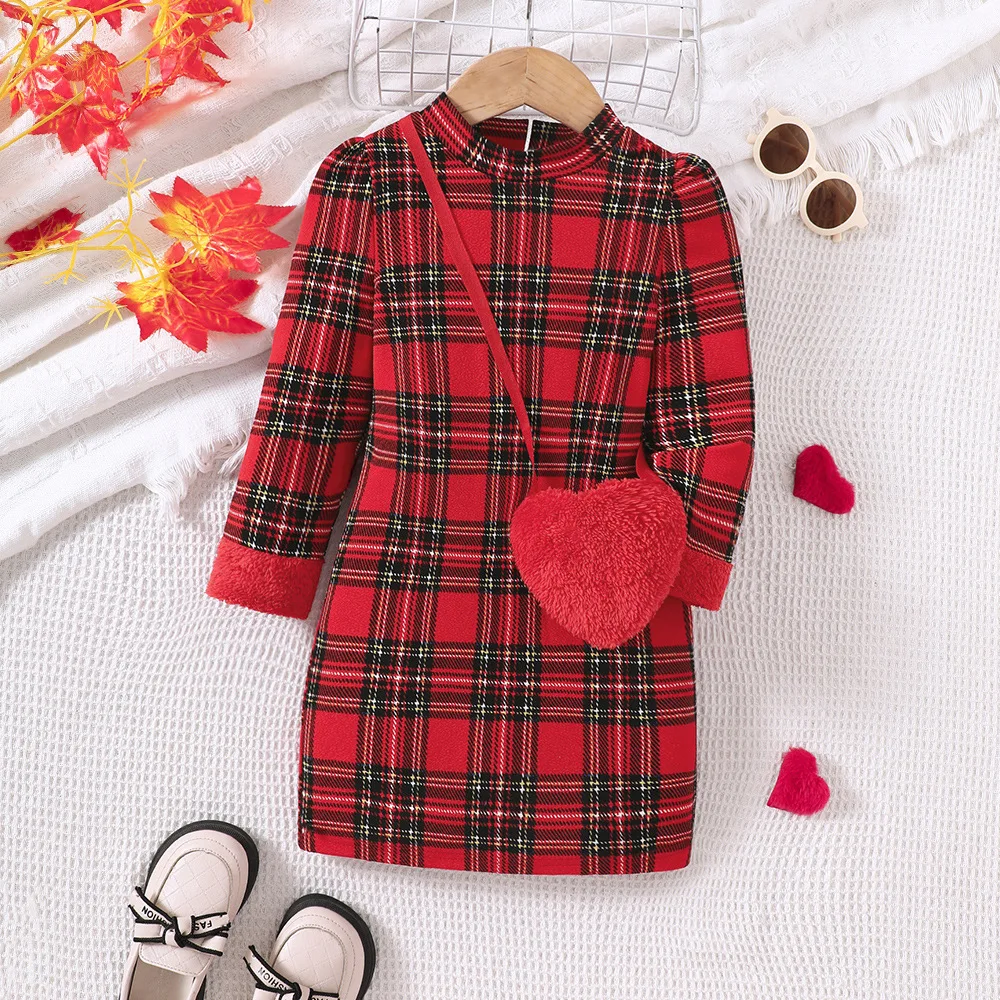 

Kids Christmas Dress For Girls Clothes Autumn Winter 2024 New Child Fashion Long Sleeve Plaid Red Bodycon Dress Bag Free 4-7Y
