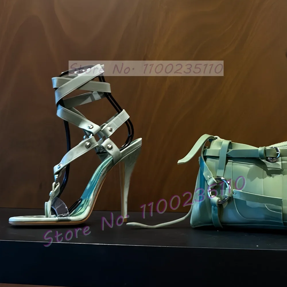 Green Buckle Cross Strap Heeled Sandals Women Open Toe Metal Rivets Flip-flops Ladies Luxury Summer Ankle Strap Stiletto Shoes view 4