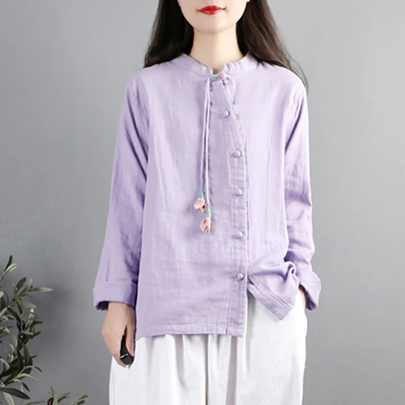 100% Cotton Women Long Sleeve Casual Shirt New Arrival 2025 Vintage Style Stand Collar Solid Color Female Tops Shirts M1763