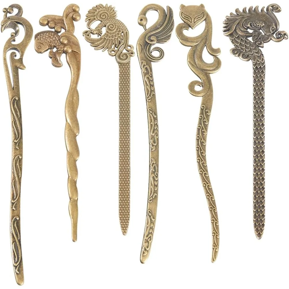 12Pcs Vintage Bookmarks Metal Antique Bronze Alloy Hairpin Stripe Bookmarks Chinese Style Dragon Phoenix Book Marks Smart Animal