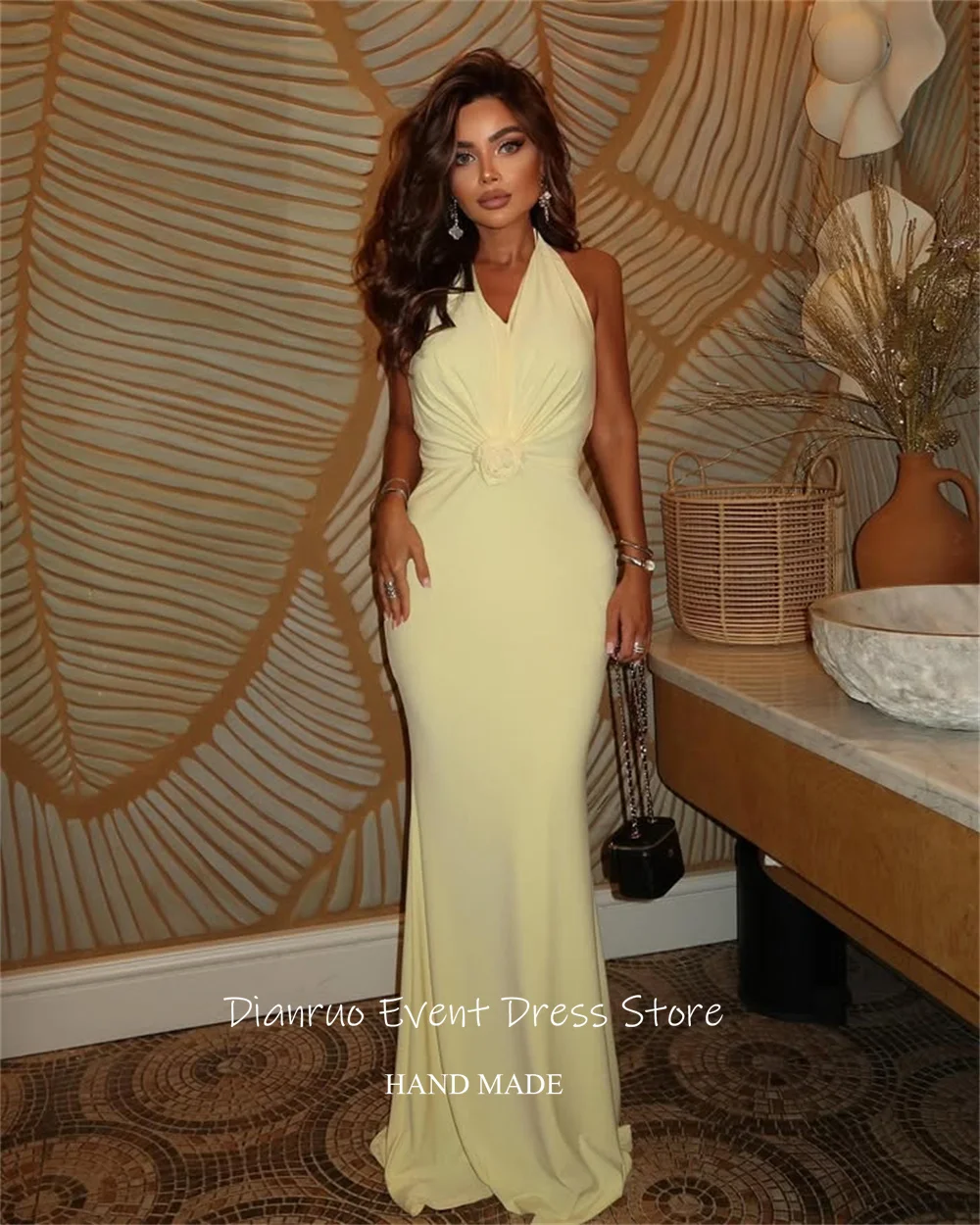 Dianruo Yellow Mermaid Evening Dresses Halter Pleated Robe De Soirée Femme Elegant Long Length Sleeveless Prom Gown Customized