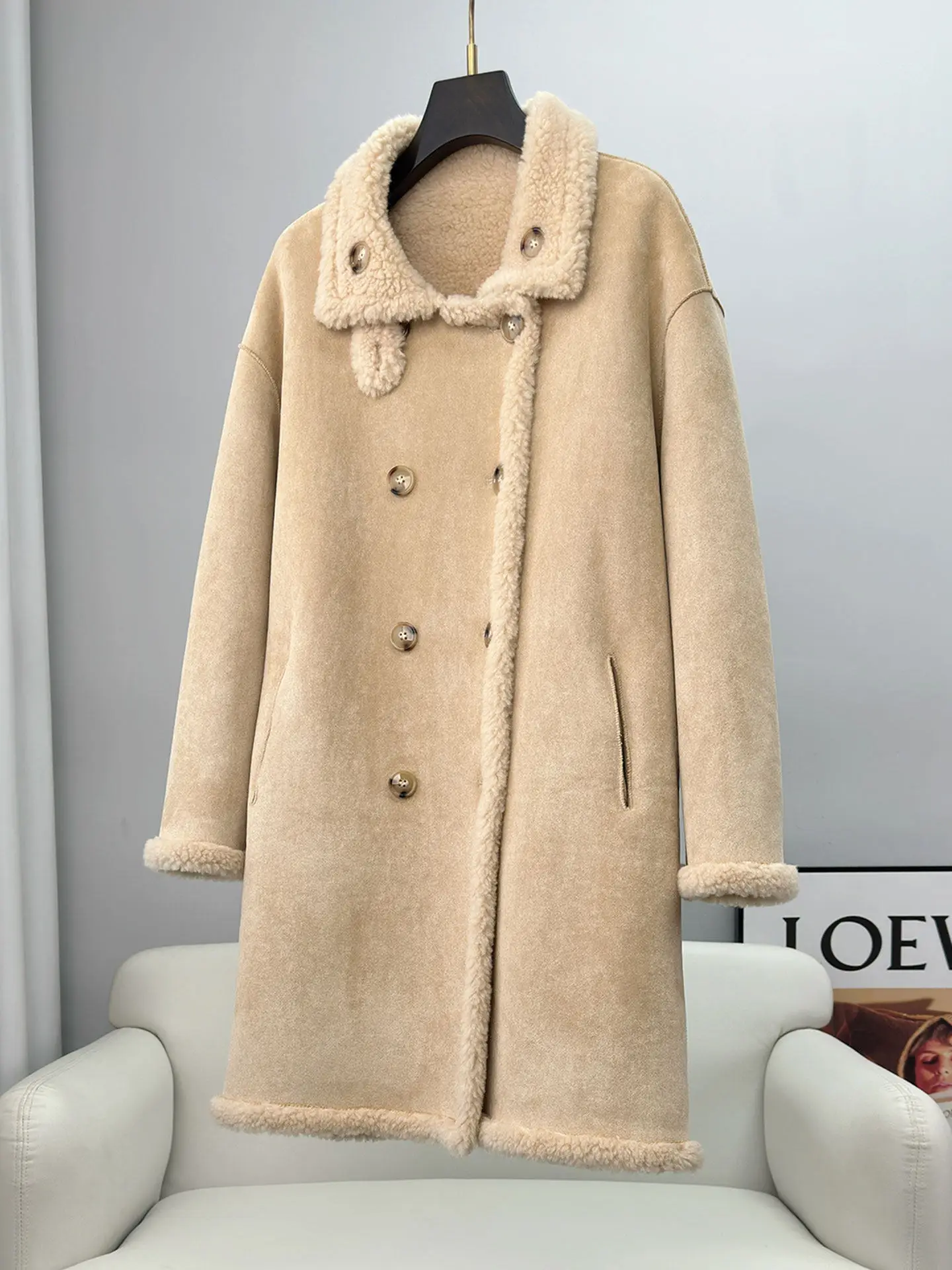 wear Korean all-wool stand-up collar medium and long fashion warm sheep shearing fur integrated coat women wear two in winter