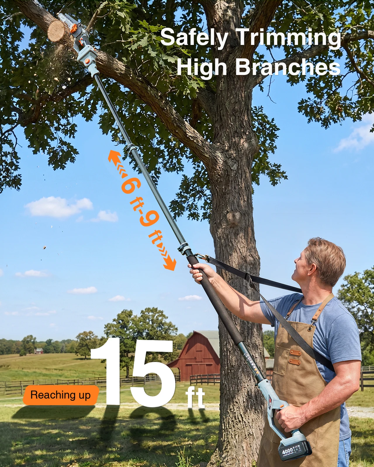 Taskstar 2-in-1 Cordless Pole Saw 8 Inch Brushless Chainsaw Max. 15 Ft Telescopic Pole 21V Electric High Branch Saw for Tree Pruning, with 2 4000mAh Batteries