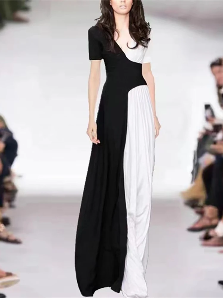 

Delocah High Quality Summer Women Fashion Designer Long Dress Short Sleeve Black White Colorblock Print Patchwork A-Line Dresses