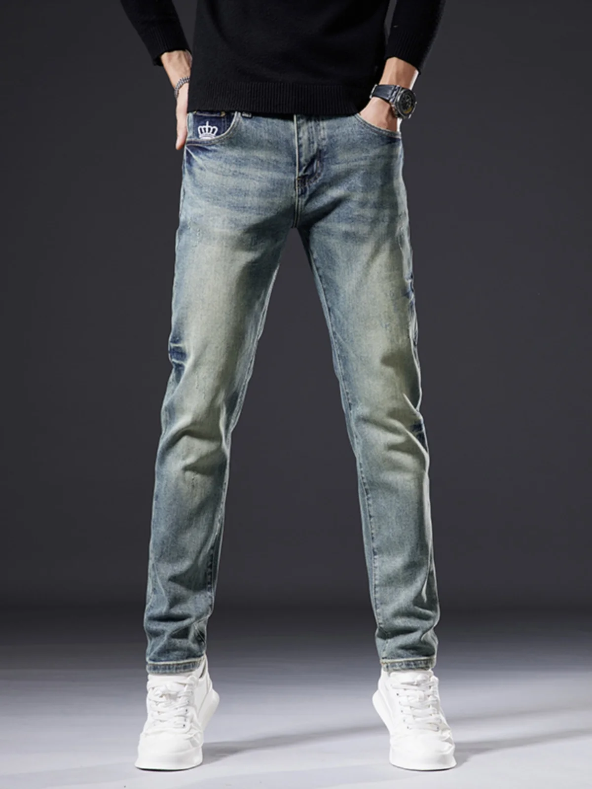 

Мужские джинсы премиум-класса с вышивкой в стиле ретро, зауженные, весна-осень, повседневные, из эластичного хлопкового денима, со средней посадкой, на молнии