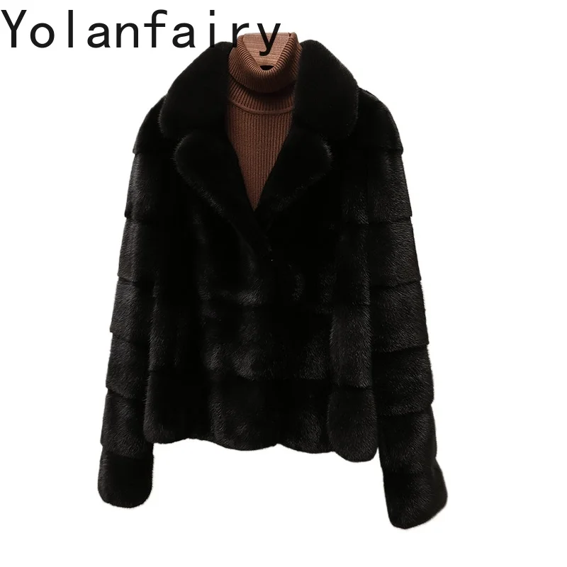 YOLANFAIRY معطف فرو حقيقي عالي الجودة للنساء سترة من فرو المنك لشتاء 2025 سترات من فرو المنك للنساء معاطف فرو سوداء قصيرة وياقة بدلة