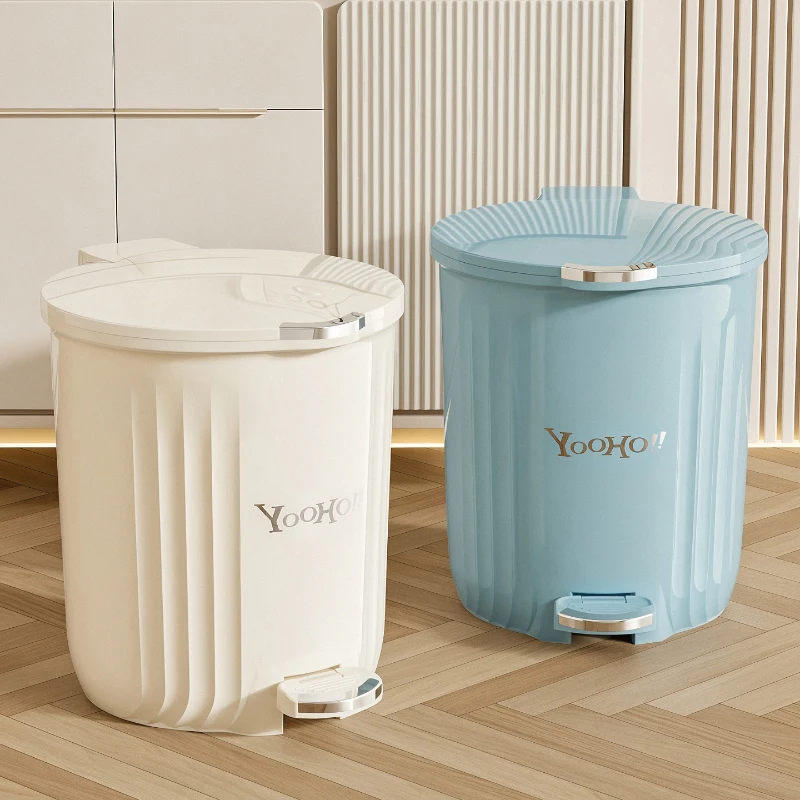 

1Pcs Large-Capacity round Foot Pedal Trash Can Lidded Waterproof Waste Bin in Cream & Blue for Office Kitchen Bathroom
