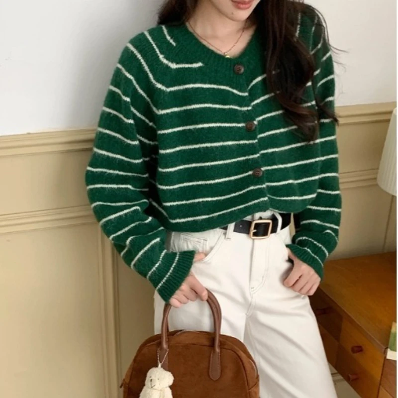 

Fashion Korean Elegant Striped Knit Cardigan Sweater Women's Chic Autumn Winter Casual Street Women's Clothing