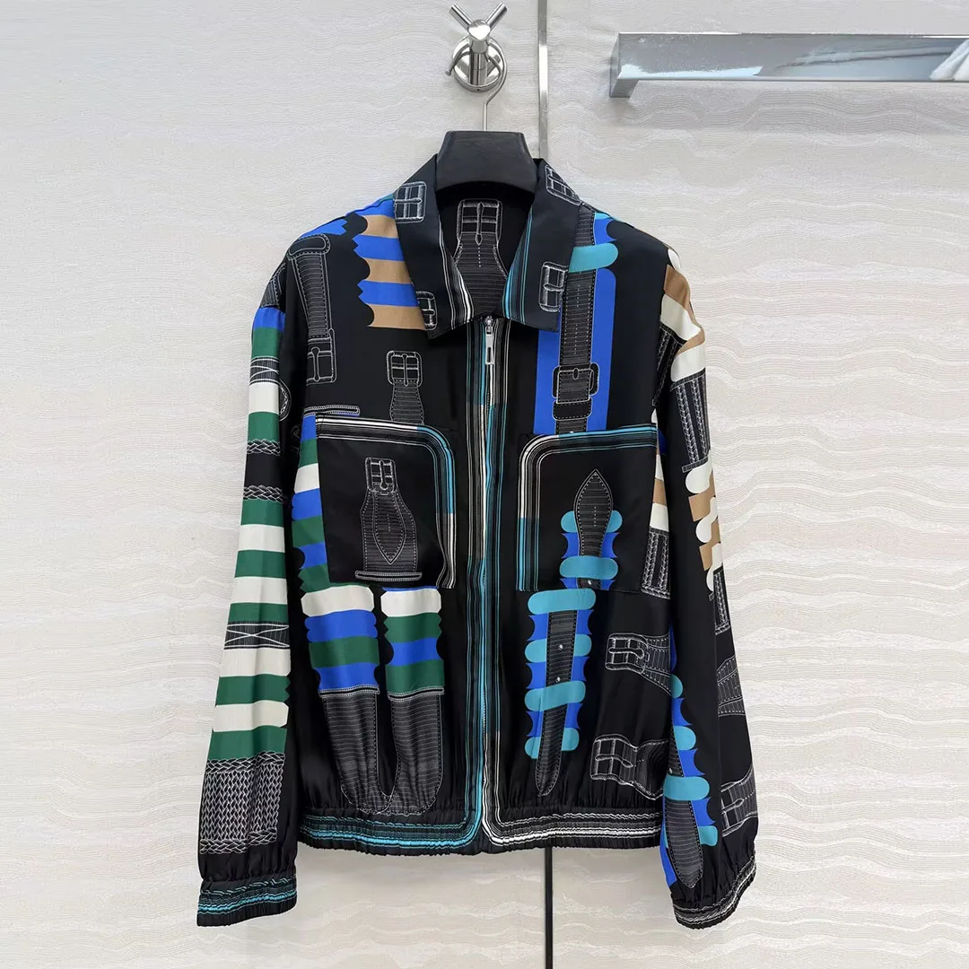 Luxury High Quality 100% Twill Silk Jacket Women Lapel Zipper Fly Long Sleeve Loose Casual Thin Coat Geometric Print Pattern