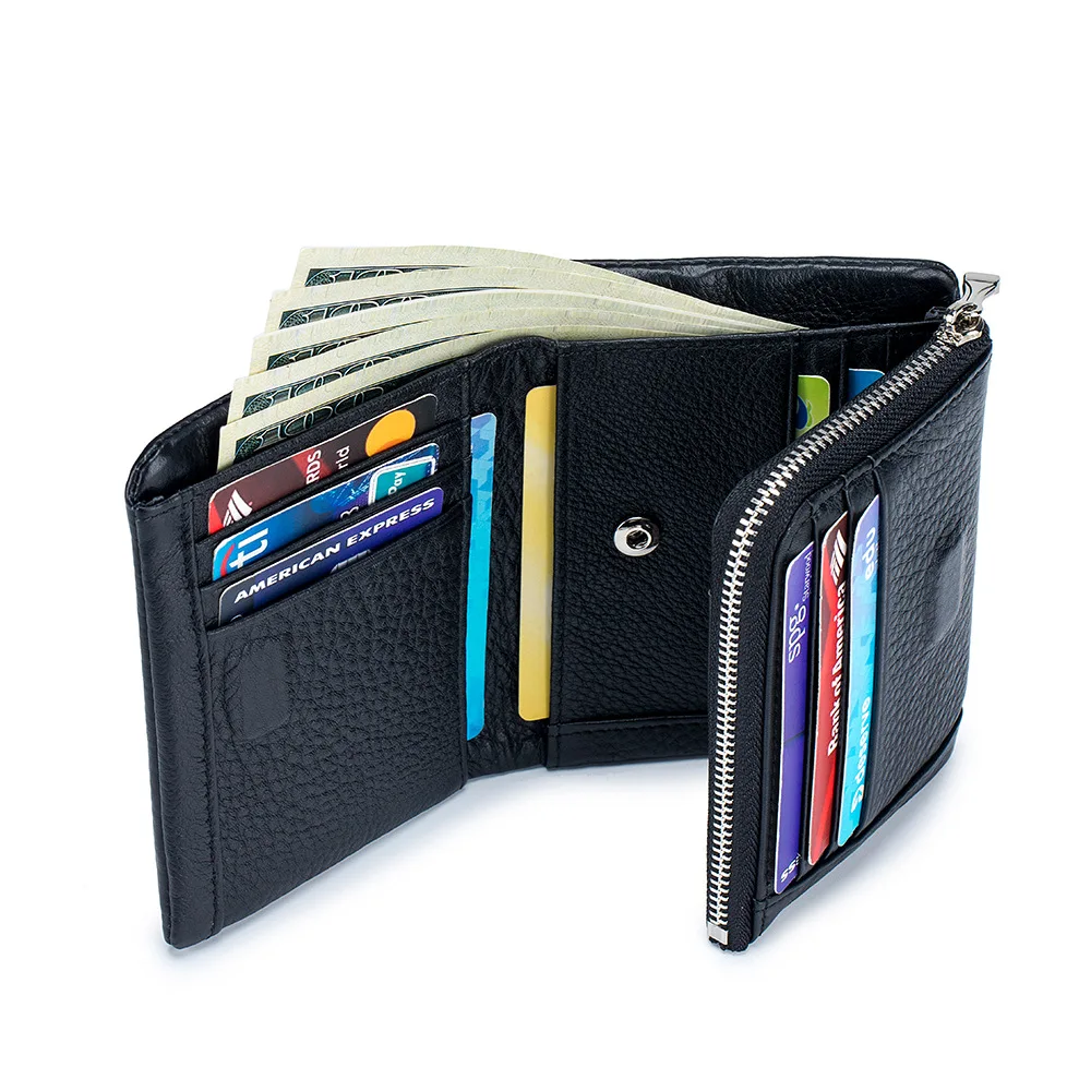 Coin Purse Genuine Cow Leather Trifold Short Wallet Fashion Soft Cowhide Multi Card Holders Zipper Pocket Woman Clutch Purses