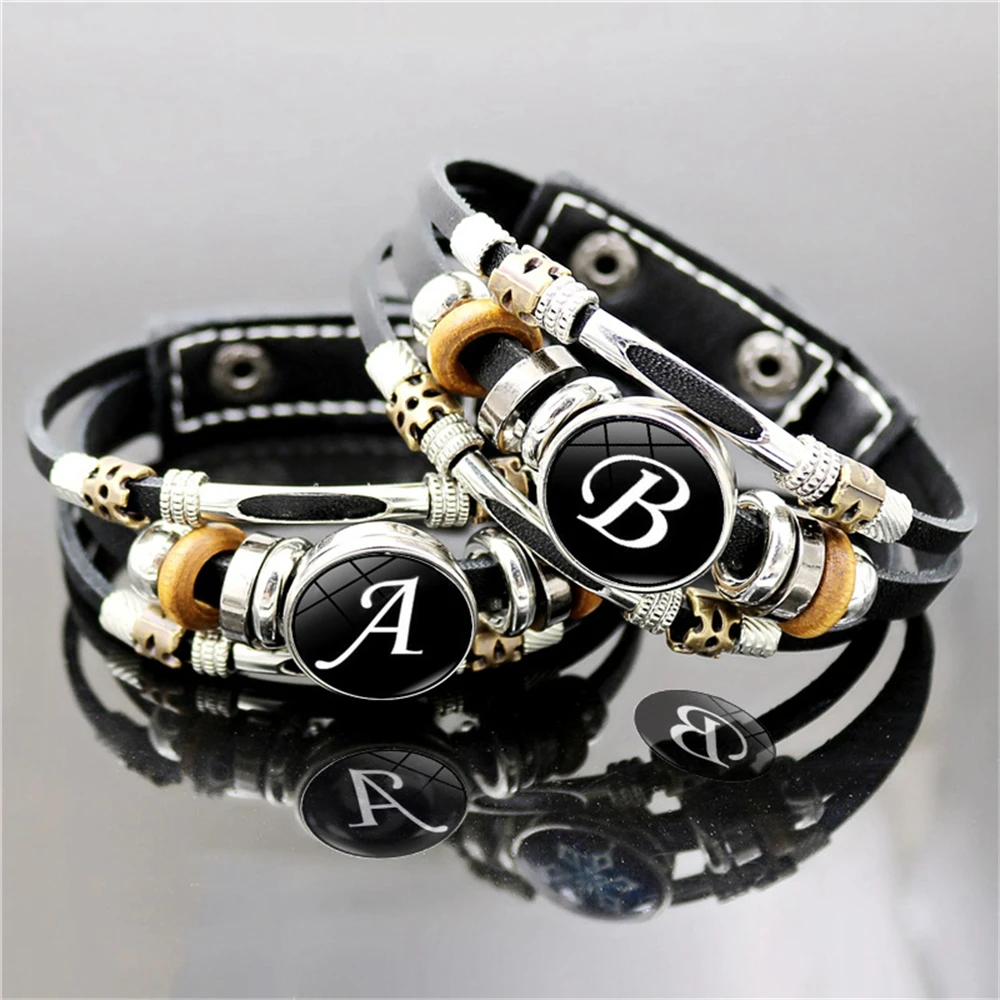 26 Letter A-Z Charms for Bracelets ID Name Friendship Black Braided Multilayer Punk Leather Bracelet Men Women Kids Family Gifts