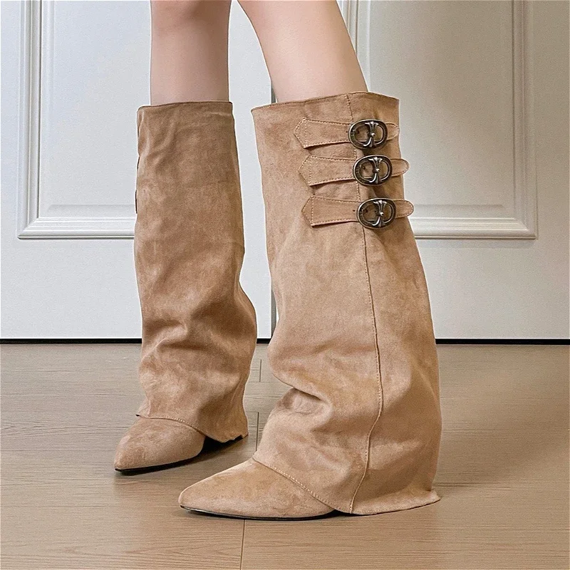 الجلد المدبوغ مصمم الكعوب فارس أحذية النساء أشار تو مشبك معدني النساء أحذية طويلة موضة قبعات رعاة البقر الغربية الشتاء أسافين الأحذية #2