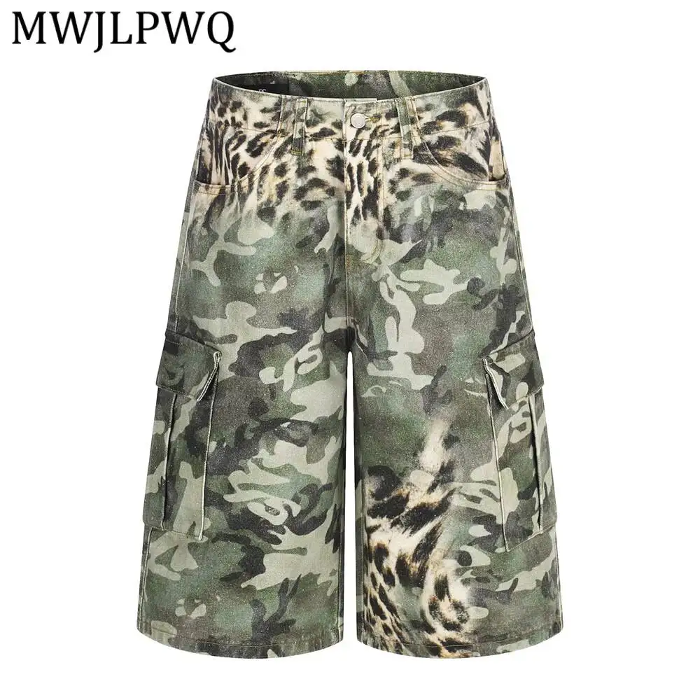 MWJLPWQ Leopard Print Camouflage Printed Men's Summer Cargo Shorts American Trendy Loose Wide-Leg Multi-Pocket Pants Chic 17154