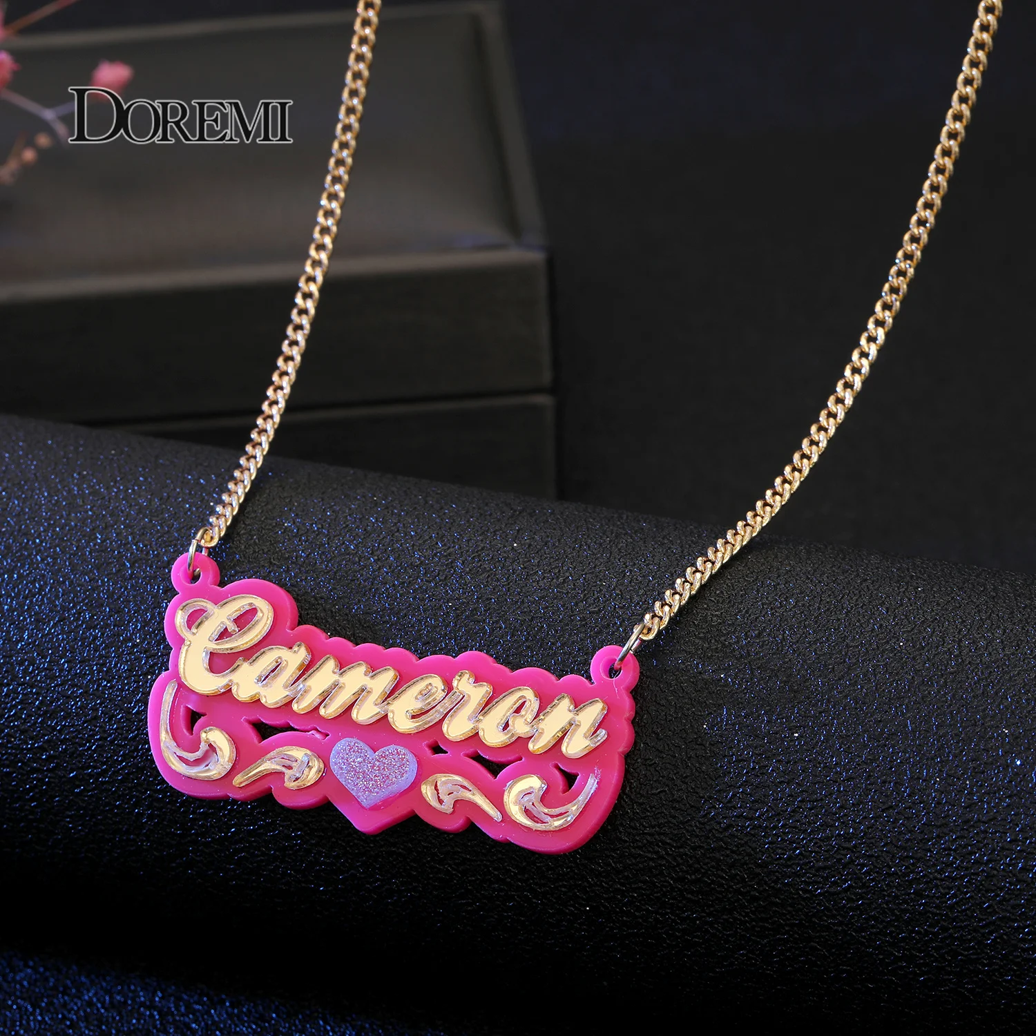 DOREMI ONE Set Customized Words Name Stainless Bamboo Hoop Earrings Acrylic Necklace Jewelry Set Personalized Letters With Heart