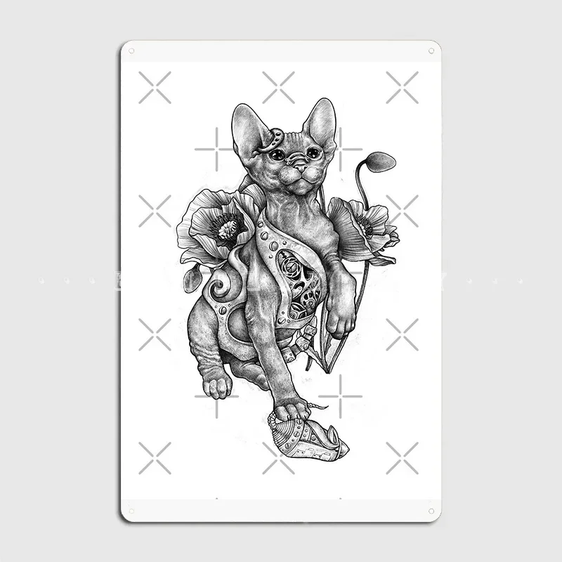 Rishama Steampunk Tattoo Cat Kitten Biomechanics Mechanics Vintage Metal Sign Living Room Personalized Poster Tin Sign Poster