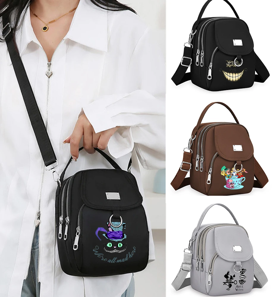 أليس في بلاد العجائب أكسفورد 3 طبقات حقيبة كتف Crossbody سستة الهاتف أنثى متعددة الوظائف حقيبة يد المعصم محفظة المرأة الحقيبة