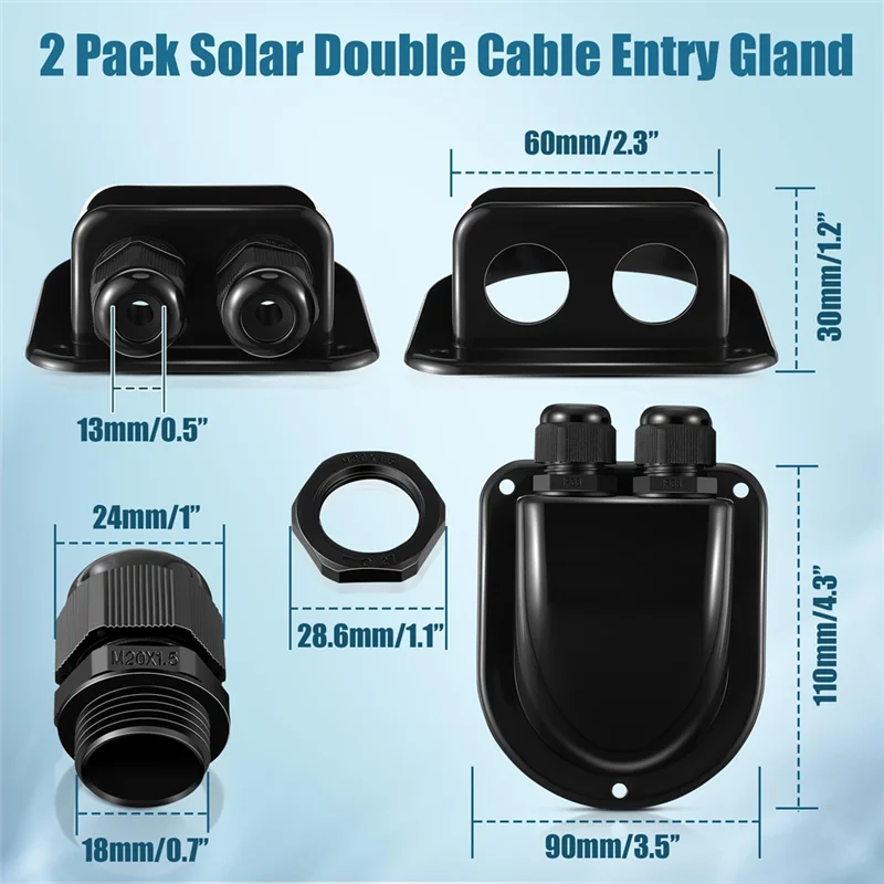 Solar Cable Entry Gland(2 Pack), Solar Gland, Dual Cable Housing For All Type 3Mm2 To 10Mm2 For RV, Caravan Marine